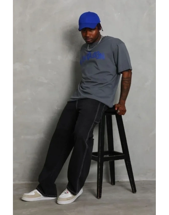 Erkek Baskılı Thirt Kısa Kol Bisiklet Yaka Regular Fit Rahat Kalıp Günlük Tişört  Füme