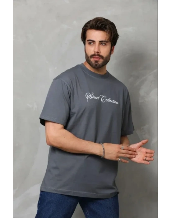 Erkek Baskılı Thirt Kısa Kol Bisiklet Yaka Regular Fit Rahat Kalıp Günlük Tişört  Füme