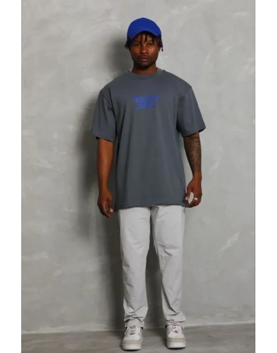 Erkek Baskılı Thirt Kısa Kol Bisiklet Yaka Regular Fit Rahat Kalıp Günlük Tişört  Füme