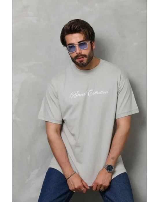 Erkek Baskılı Thirt Kısa Kol Bisiklet Yaka Regular Fit Rahat Kalıp Günlük Tişört  Gri