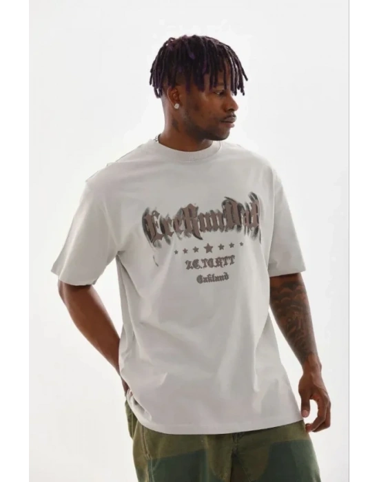 Erkek Baskılı Thirt Kısa Kol Bisiklet Yaka Regular Fit Rahat Kalıp Günlük Tişört  Gri