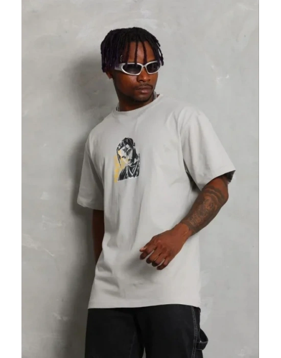 Erkek Baskılı Thirt Kısa Kol Bisiklet Yaka Regular Fit Rahat Kalıp Günlük Tişört  Gri