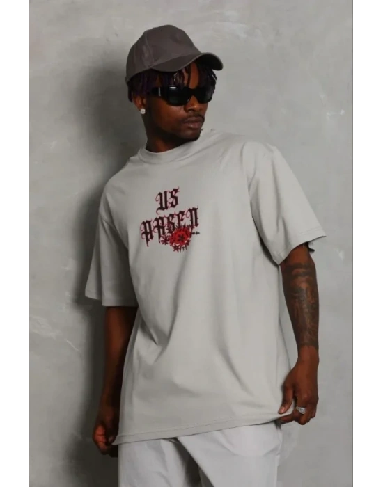 Erkek Baskılı Thirt Kısa Kol Bisiklet Yaka Regular Fit Rahat Kalıp Günlük Tişört  Gri