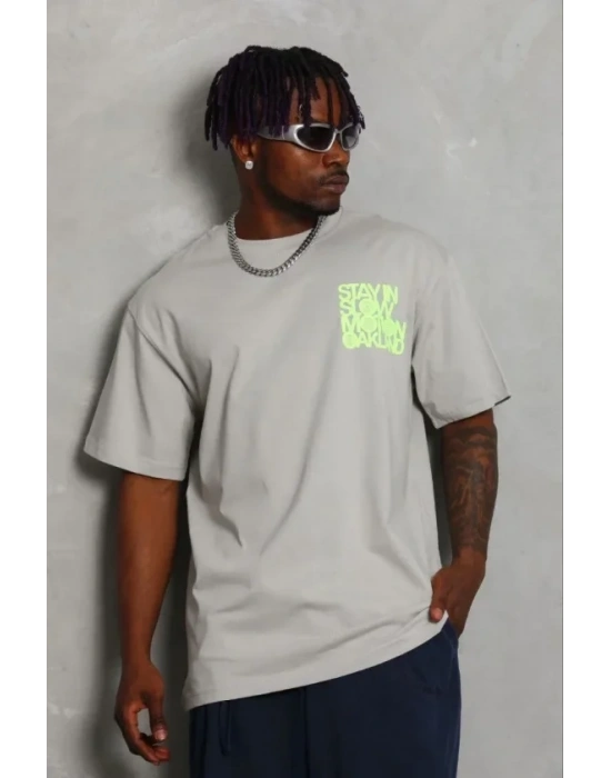 Erkek Baskılı Thirt Kısa Kol Bisiklet Yaka Regular Fit Rahat Kalıp Günlük Tişört  Gri