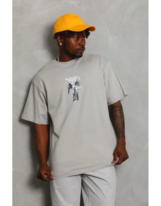 Erkek Baskılı Thirt Kısa Kol Bisiklet Yaka Regular Fit Rahat Kalıp Günlük Tişört  Gri