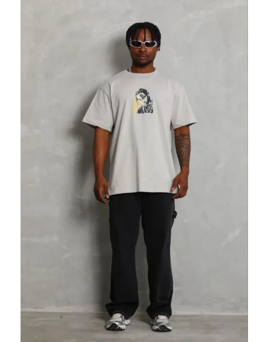 Erkek Baskılı Thirt Kısa Kol Bisiklet Yaka Regular Fit Rahat Kalıp Günlük Tişört  Gri