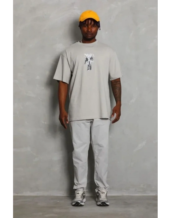 Erkek Baskılı Thirt Kısa Kol Bisiklet Yaka Regular Fit Rahat Kalıp Günlük Tişört  Gri