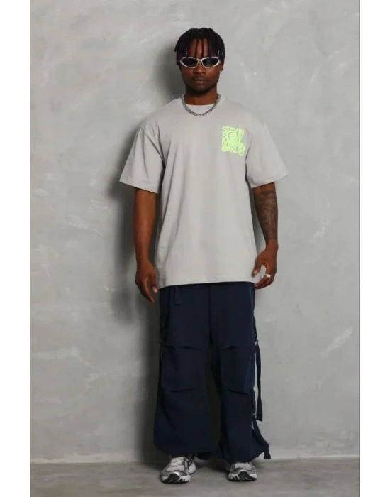 Erkek Baskılı Thirt Kısa Kol Bisiklet Yaka Regular Fit Rahat Kalıp Günlük Tişört  Gri