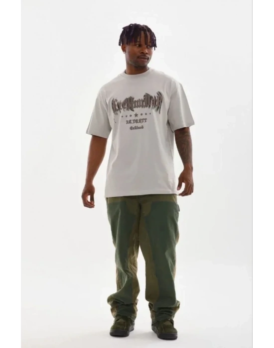 Erkek Baskılı Thirt Kısa Kol Bisiklet Yaka Regular Fit Rahat Kalıp Günlük Tişört  Gri