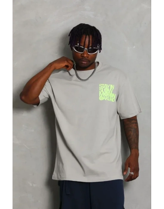 Erkek Baskılı Thirt Kısa Kol Bisiklet Yaka Regular Fit Rahat Kalıp Günlük Tişört  Gri