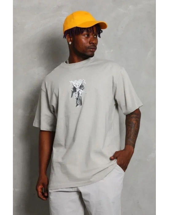 Erkek Baskılı Thirt Kısa Kol Bisiklet Yaka Regular Fit Rahat Kalıp Günlük Tişört  Gri