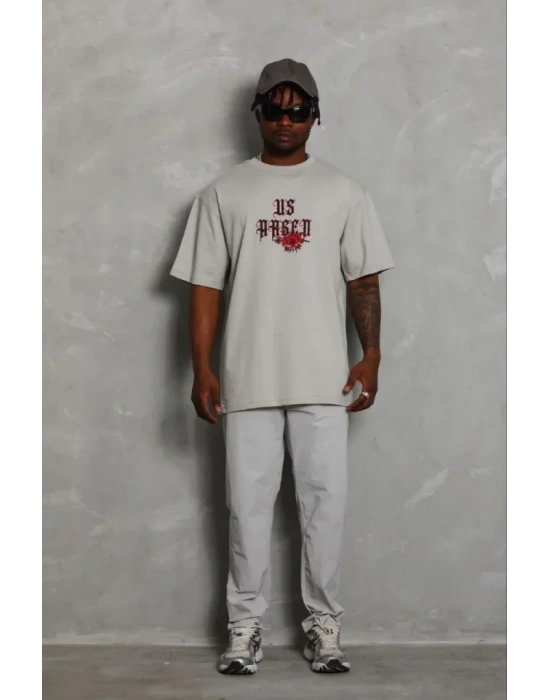 Erkek Baskılı Thirt Kısa Kol Bisiklet Yaka Regular Fit Rahat Kalıp Günlük Tişört  Gri