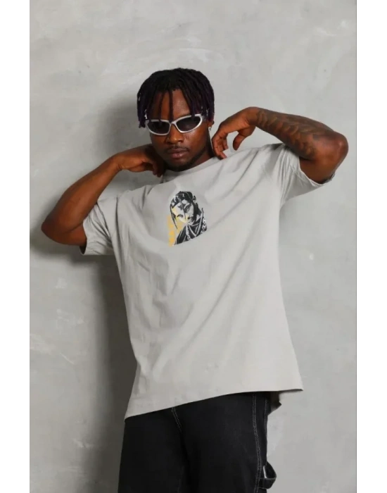 Erkek Baskılı Thirt Kısa Kol Bisiklet Yaka Regular Fit Rahat Kalıp Günlük Tişört  Gri