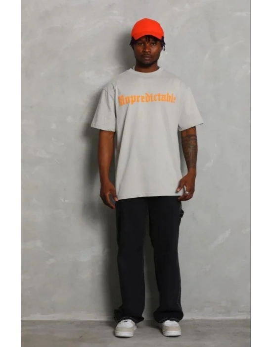 Erkek Baskılı Thirt Kısa Kol Bisiklet Yaka Regular Fit Rahat Kalıp Günlük Tişört  Gri