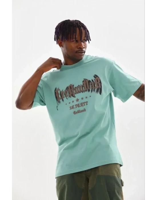 Erkek Baskılı Thirt Kısa Kol Bisiklet Yaka Regular Fit Rahat Kalıp Günlük Tişört  int Yeşili