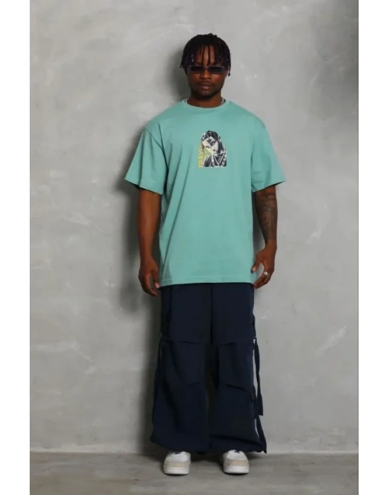 Erkek Baskılı Thirt Kısa Kol Bisiklet Yaka Regular Fit Rahat Kalıp Günlük Tişört  int Yeşili