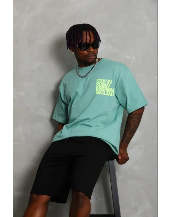 Erkek Baskılı Thirt Kısa Kol Bisiklet Yaka Regular Fit Rahat Kalıp Günlük Tişört  int Yeşili