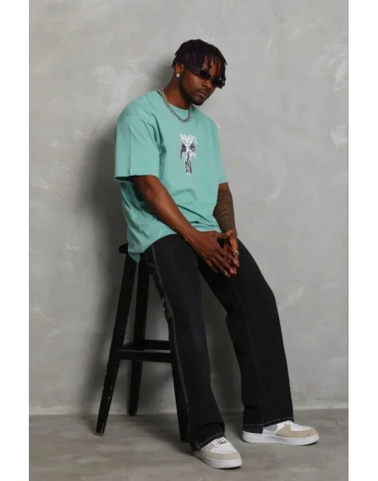 Erkek Baskılı Thirt Kısa Kol Bisiklet Yaka Regular Fit Rahat Kalıp Günlük Tişört  int Yeşili