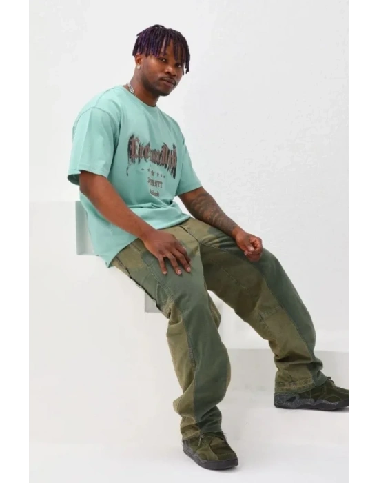 Erkek Baskılı Thirt Kısa Kol Bisiklet Yaka Regular Fit Rahat Kalıp Günlük Tişört  int Yeşili