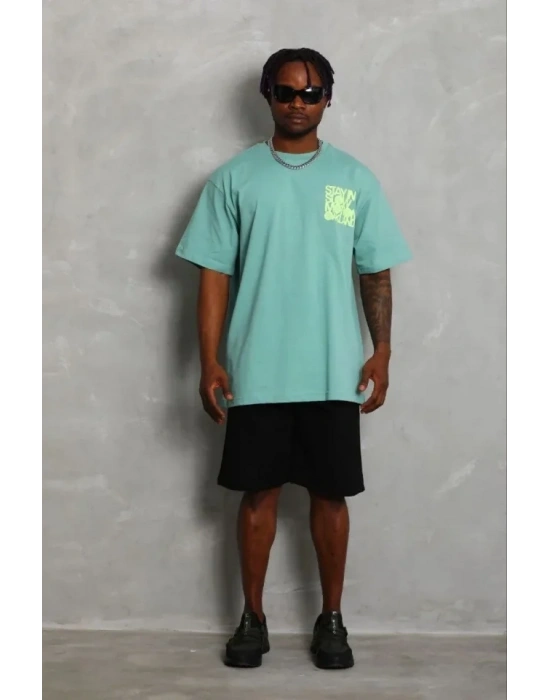 Erkek Baskılı Thirt Kısa Kol Bisiklet Yaka Regular Fit Rahat Kalıp Günlük Tişört  int Yeşili