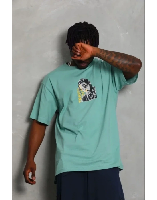 Erkek Baskılı Thirt Kısa Kol Bisiklet Yaka Regular Fit Rahat Kalıp Günlük Tişört  int Yeşili