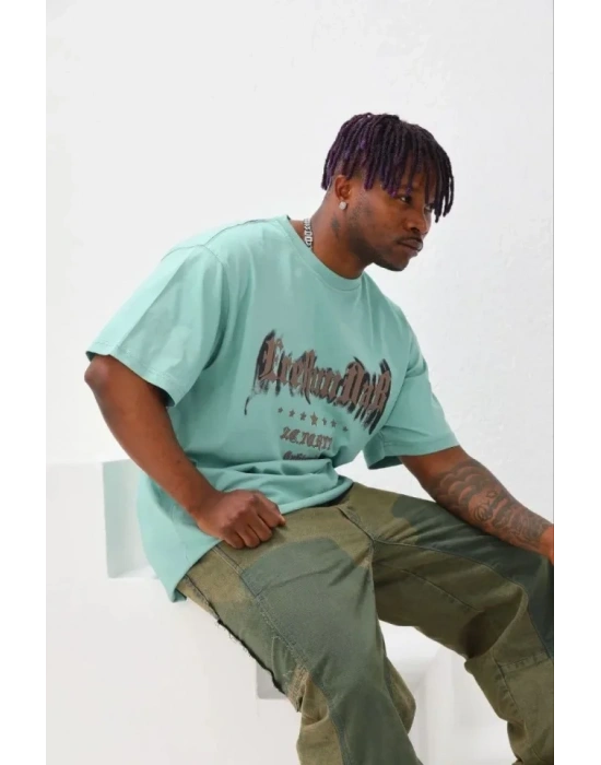 Erkek Baskılı Thirt Kısa Kol Bisiklet Yaka Regular Fit Rahat Kalıp Günlük Tişört  int Yeşili