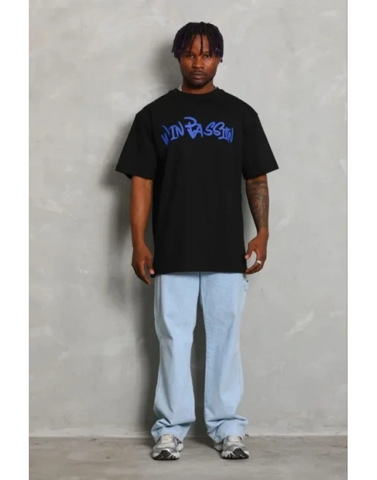 Erkek Baskılı Thirt Kısa Kol Bisiklet Yaka Regular Fit Rahat Kalıp Günlük Tişört  iyah