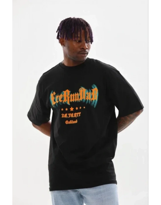 Erkek Baskılı Thirt Kısa Kol Bisiklet Yaka Regular Fit Rahat Kalıp Günlük Tişört  iyah