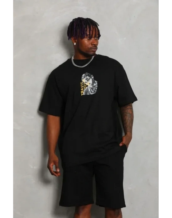 Erkek Baskılı Thirt Kısa Kol Bisiklet Yaka Regular Fit Rahat Kalıp Günlük Tişört  iyah