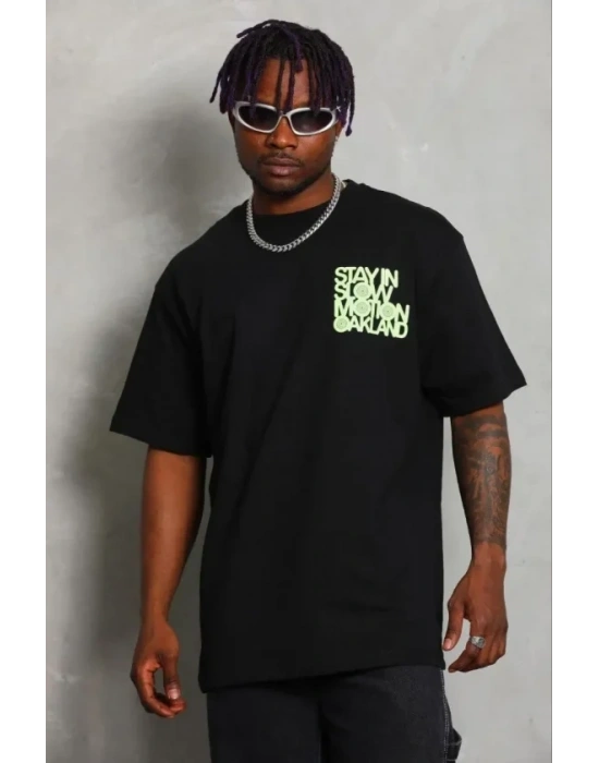 Erkek Baskılı Thirt Kısa Kol Bisiklet Yaka Regular Fit Rahat Kalıp Günlük Tişört  iyah