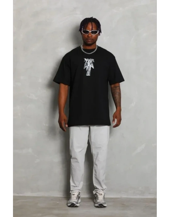 Erkek Baskılı Thirt Kısa Kol Bisiklet Yaka Regular Fit Rahat Kalıp Günlük Tişört  iyah