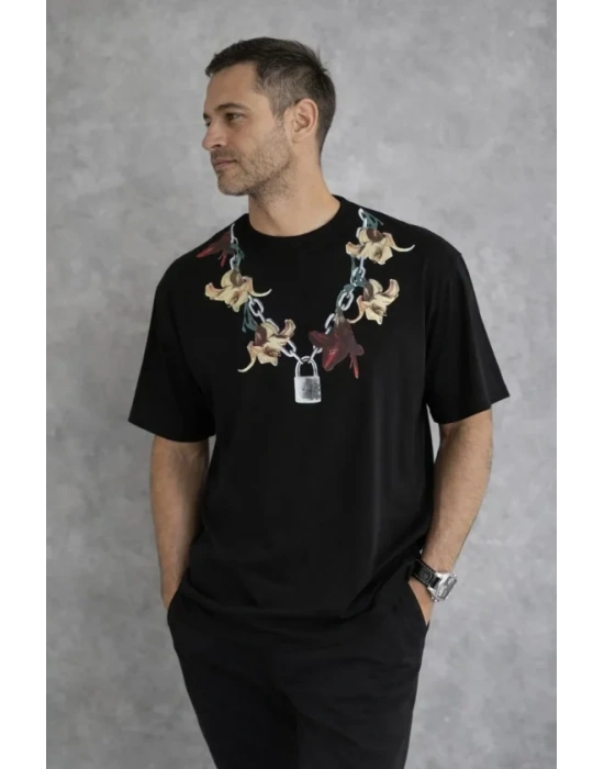 Erkek Baskılı Thirt Kısa Kol Bisiklet Yaka Regular Fit Rahat Kalıp Günlük Tişört  iyah