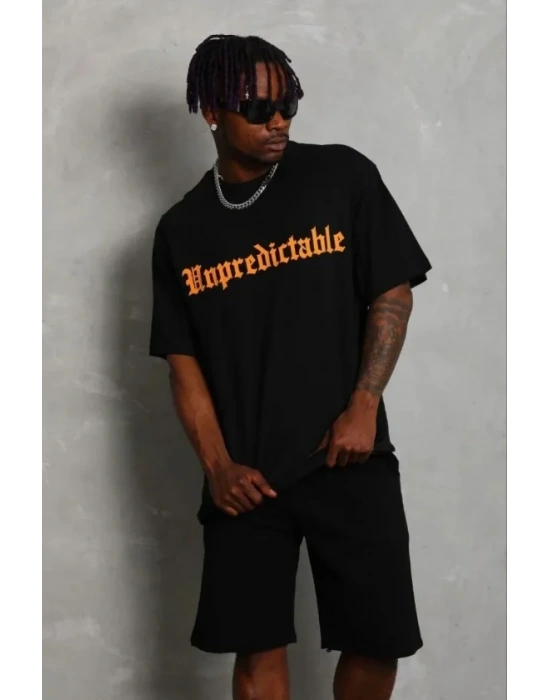 Erkek Baskılı Thirt Kısa Kol Bisiklet Yaka Regular Fit Rahat Kalıp Günlük Tişört  iyah