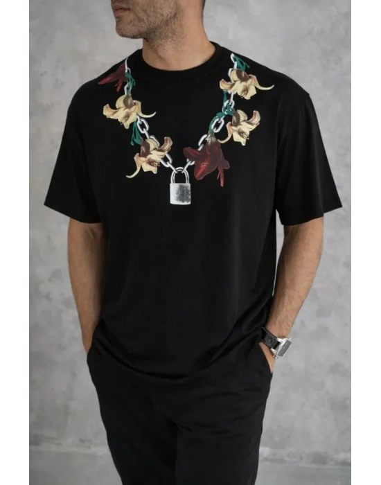 Erkek Baskılı Thirt Kısa Kol Bisiklet Yaka Regular Fit Rahat Kalıp Günlük Tişört  iyah