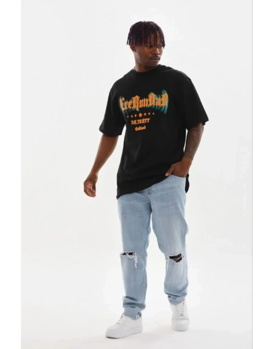 Erkek Baskılı Thirt Kısa Kol Bisiklet Yaka Regular Fit Rahat Kalıp Günlük Tişört  iyah