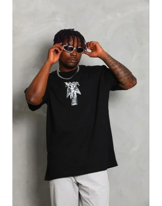 Erkek Baskılı Thirt Kısa Kol Bisiklet Yaka Regular Fit Rahat Kalıp Günlük Tişört  iyah