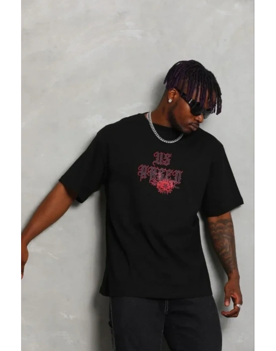 Erkek Baskılı Thirt Kısa Kol Bisiklet Yaka Regular Fit Rahat Kalıp Günlük Tişört  iyah