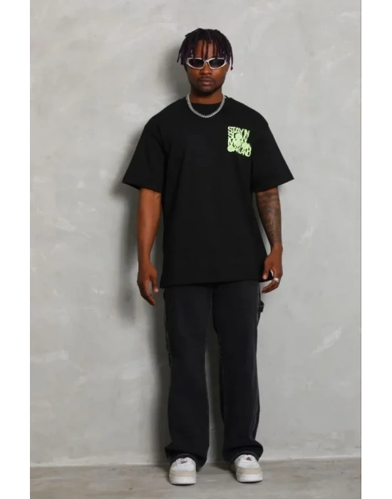 Erkek Baskılı Thirt Kısa Kol Bisiklet Yaka Regular Fit Rahat Kalıp Günlük Tişört  iyah