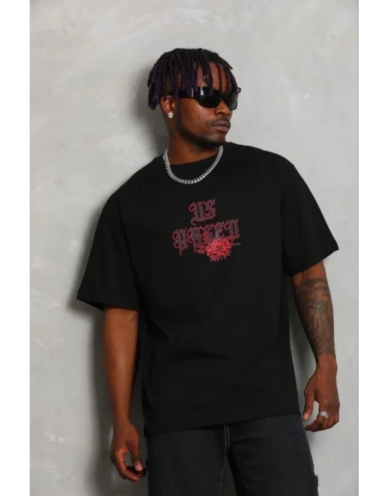 Erkek Baskılı Thirt Kısa Kol Bisiklet Yaka Regular Fit Rahat Kalıp Günlük Tişört  iyah