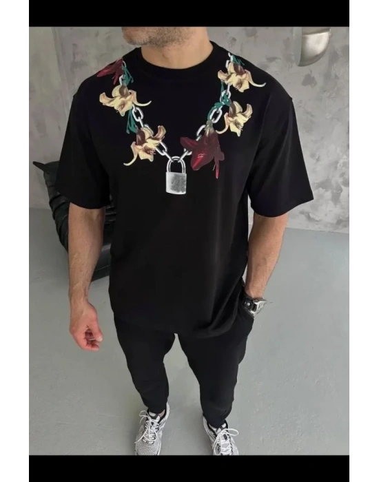 Erkek Baskılı Thirt Kısa Kol Bisiklet Yaka Regular Fit Rahat Kalıp Günlük Tişört  iyah