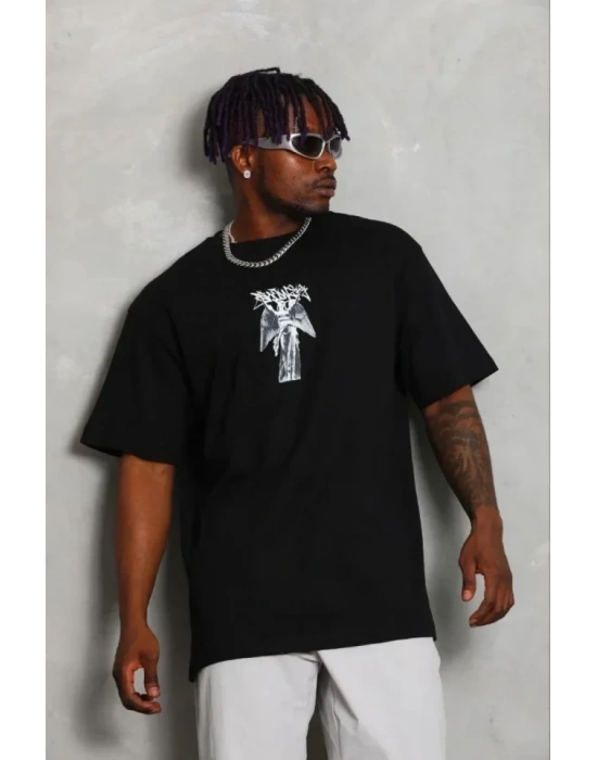 Erkek Baskılı Thirt Kısa Kol Bisiklet Yaka Regular Fit Rahat Kalıp Günlük Tişört  iyah