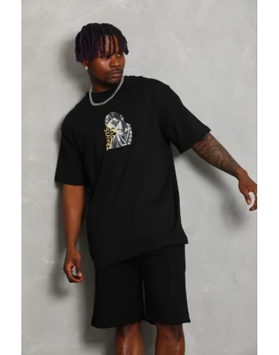 Erkek Baskılı Thirt Kısa Kol Bisiklet Yaka Regular Fit Rahat Kalıp Günlük Tişört  iyah