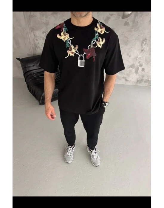 Erkek Baskılı Thirt Kısa Kol Bisiklet Yaka Regular Fit Rahat Kalıp Günlük Tişört  iyah