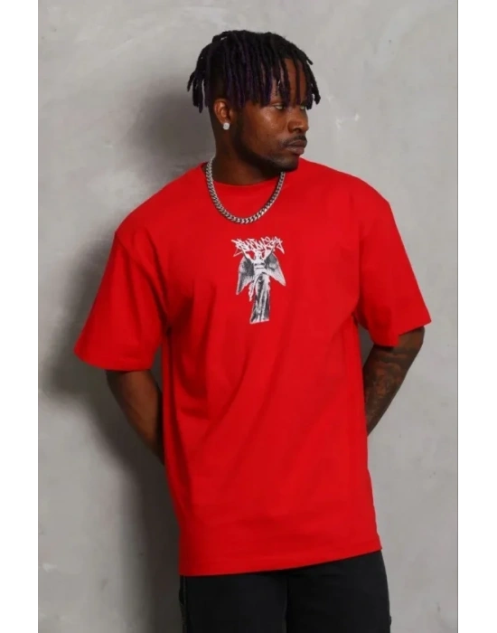 Erkek Baskılı Thirt Kısa Kol Bisiklet Yaka Regular Fit Rahat Kalıp Günlük Tişört  Kırmızı