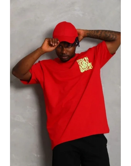 Erkek Baskılı Thirt Kısa Kol Bisiklet Yaka Regular Fit Rahat Kalıp Günlük Tişört  Kırmızı