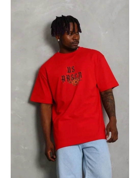 Erkek Baskılı Thirt Kısa Kol Bisiklet Yaka Regular Fit Rahat Kalıp Günlük Tişört  Kırmızı