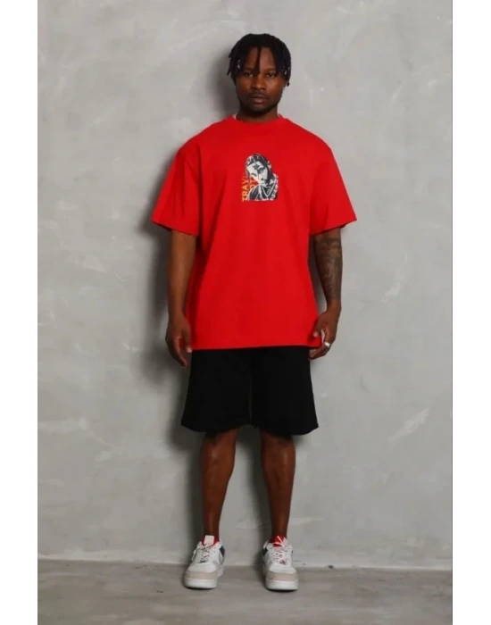 Erkek Baskılı Thirt Kısa Kol Bisiklet Yaka Regular Fit Rahat Kalıp Günlük Tişört  Kırmızı