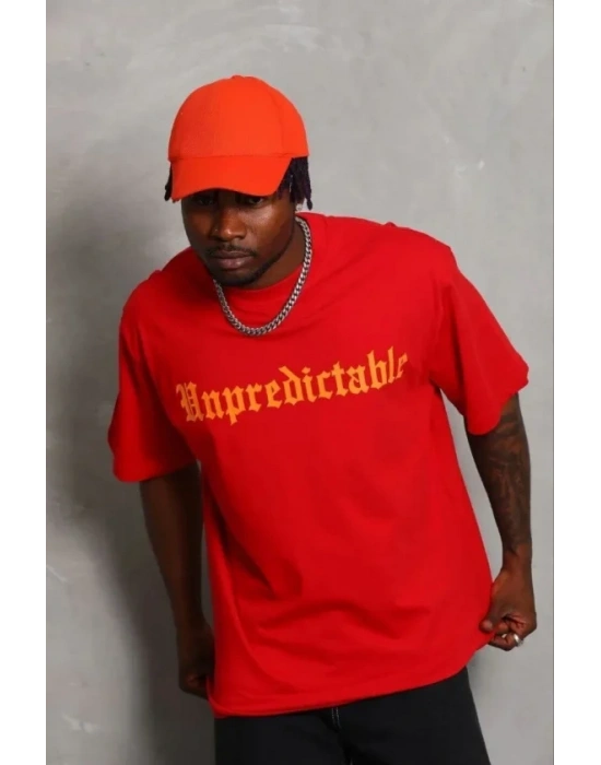 Erkek Baskılı Thirt Kısa Kol Bisiklet Yaka Regular Fit Rahat Kalıp Günlük Tişört  Kırmızı