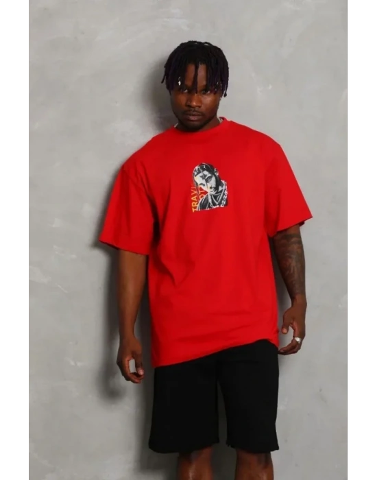 Erkek Baskılı Thirt Kısa Kol Bisiklet Yaka Regular Fit Rahat Kalıp Günlük Tişört  Kırmızı