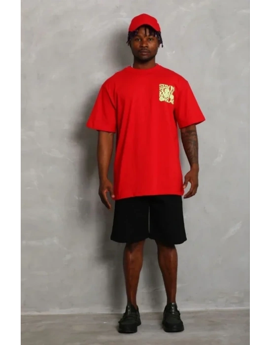 Erkek Baskılı Thirt Kısa Kol Bisiklet Yaka Regular Fit Rahat Kalıp Günlük Tişört  Kırmızı